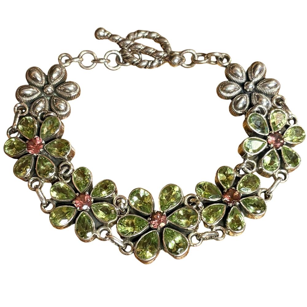 Sterling Silver, Peridot and Garnet(Pink) Flower Bracelet Linked